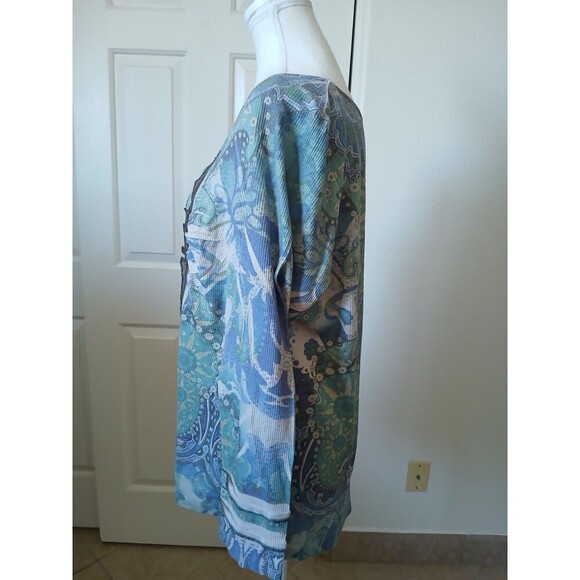 One World Womens Top Blouse Gray Blue Long Sleeve Scoop Neck Rhinestone Size 1X - Picture 4 of 15